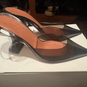 Amina Muaddi Black and Tan Heels